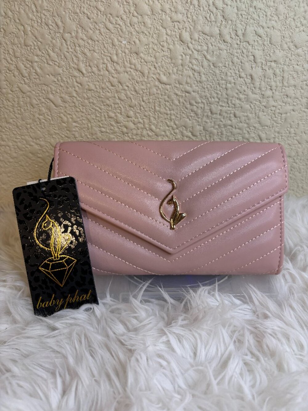 Baby Phat Pink Quilted Continental Wallet Cat Logo Gold Tone NWT